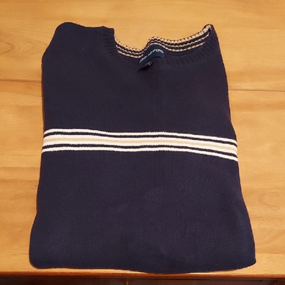 John Ashford Navy Crewneck Sweater with White And Tan Stipe Accents